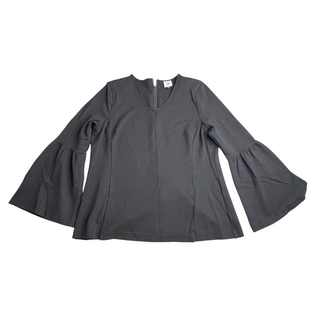Cabi Ponte Knit Black Bell Sleeve V‎ Neck Top Women's Career Blouse Size Large L